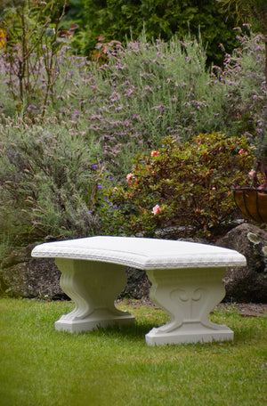 While away the hours on this beautiful, classically proportioned curved bench seat with decorative moulding on edge and scrolled seat supports.  A large and stunning garden seat to position at the end of a lawn, on a terrace or over looking a pond or view.  This is a three component bench that can be relocated, will weather wonderfully and stand the test of time. This seat looks great with a sepia wash for an aged aesthetic.