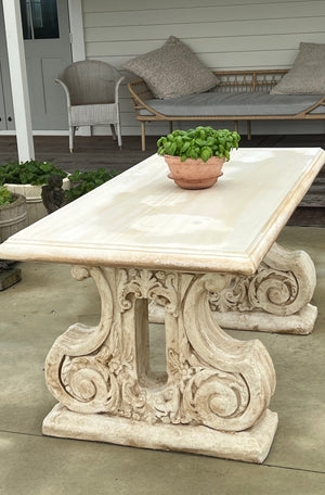 The Faraway Garden Tuscan Table is an impressively proportioned table that will make the perfect statement in any outdoor setting.  Rectangular in shape with gently rounded top supported by two strong legs inlaid with distinctive moulding. The table will sit over six comfortably and because of its construction will truly stand the test of time. Complete the setting our Tuscan bench seats on all sides.  This outdoor table settin