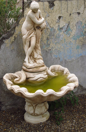 The Faraway Garden Naiad Fountain is a beautifully proportioned water feature for smaller outdoor settings. It comprises of a water bearer standing above a shell shaped bowl on a leaf mould pedestal. This impressive fountain works wonderfully nestled in an herbaceous border, in a secret garden or as a focal point on a terrace or at the end of a green hedge walk.