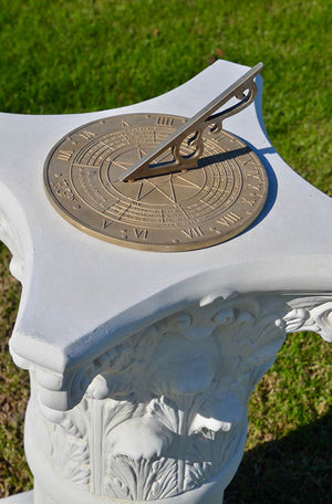 The Faraway Garden Sol Sundial is an impressive garden showpiece combining a detailed bronze indicator, or Gnomon, on a large elaborately moulded pedestal base in the corinthian style.  Our impressively detailed antique silicon bronze indicators have been sourced in New Zealand and are accurate for the Southern Hemisphere. This premium quality metal ages organically to a beautiful patina.