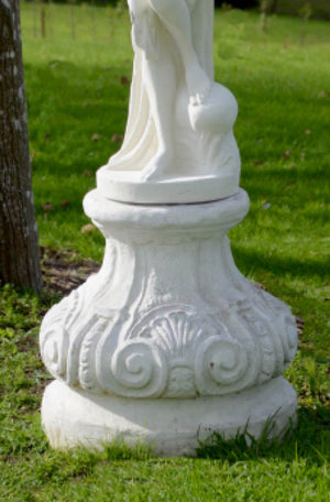 The Faraway Garden Florentine Pedestal is an elegant, large round pedestal with elaborate moulding on sides and a circular top and base. This pedestal can be coloured with sepia for an aged effect.  This unique garden pedestal would look stunning with one of our large urns or statues as a focal point at the end of pathway, as the centrepiece of a rose garden or in a pond or water feature.