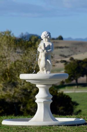 The Faraway Garden Boy with Goose Fountain is a delightful water feature showcasing a boy struggling with a goose inspired by the work of Boëthus, a Greek sculptor of the Hellenistic age.  This compact, five piece fountain works wonderfully on a terrace, a lawn, in a rose garden or nestled in an herbaceous border. It makes an impressive focal point in a formal flower bed or at the end of a green hedge walk.