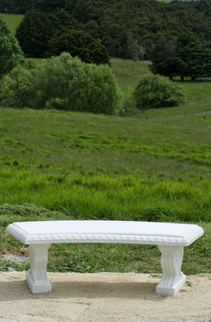 While away the hours on this beautiful, classically proportioned curved bench seat with decorative moulding on edge and scrolled seat supports.  A large and stunning garden seat to position at the end of a lawn, on a terrace or beside a wall beneath a rambling old rose.  This is a three component bench that can be relocated, will weather wonderfully and stand the test of time. This seat looks great with a sepia wash for an aged aesthetic.