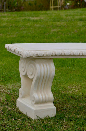 While away the hours on this beautiful, classically proportioned curved bench with intricate leaf moulding around the seat and scrolled legs.  A well placed bench is an invitation to explore a garden, a place to unwind and a place to view your garden from a different vantage point. A bench can be around a corner, hidden as a surprise or at the end of a lawn, on a terrace or beside a wall beneath a rambling old rose.  A wonderful three component bench that will stand the test of time.